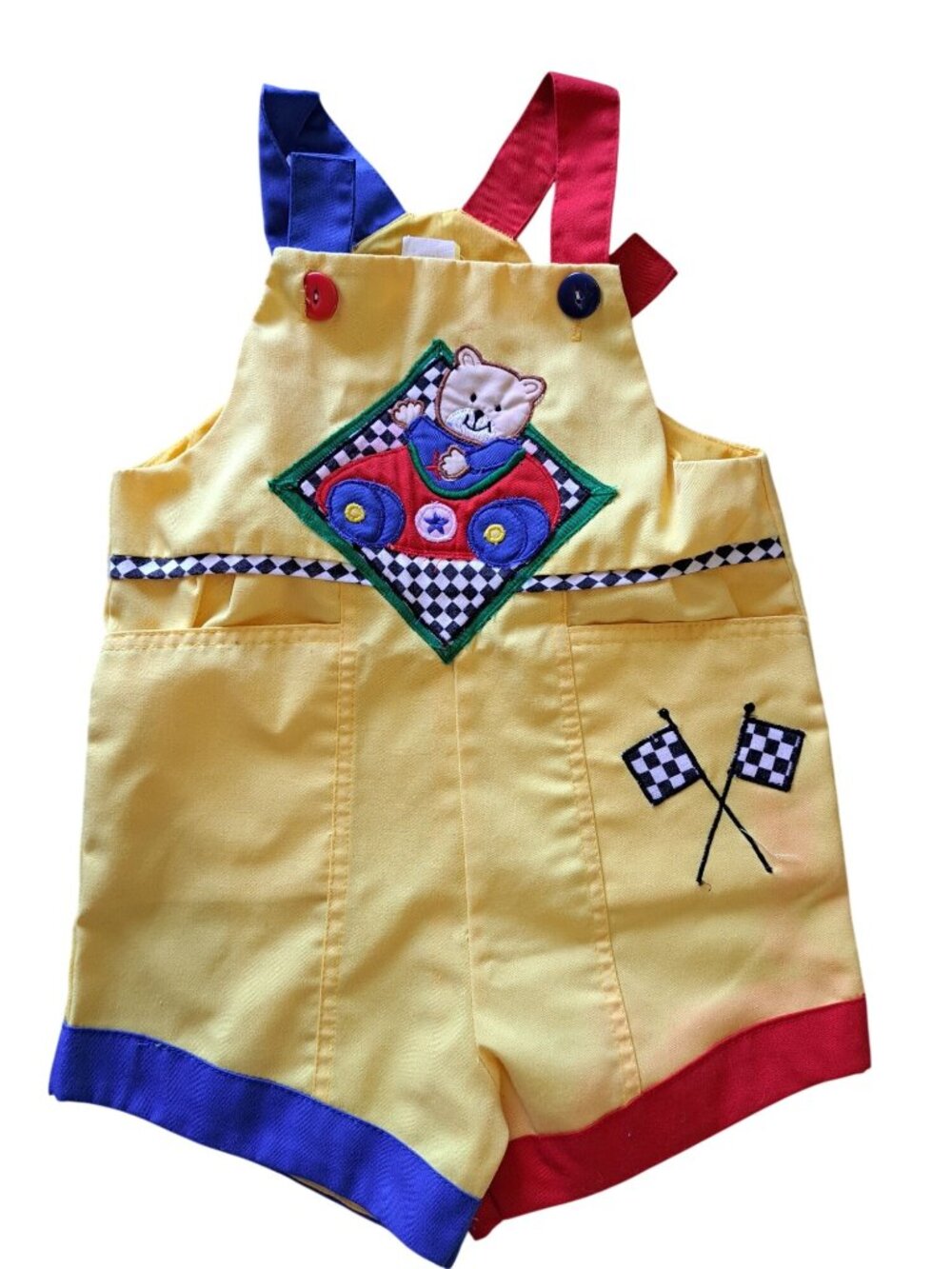 Vintage Toddler Yellow Overalls Bear Racing Flags Appliqué Size 3T Cotton Blend